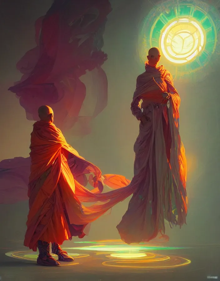 Image similar to a robot monk wearing a flowing cloak, vaporwave aesthetic, colorful, psychedelic, digital painting, artstation, concept art, smooth, sharp focus, illustration, art by artgerm and greg rutkowski and alphonse mucha