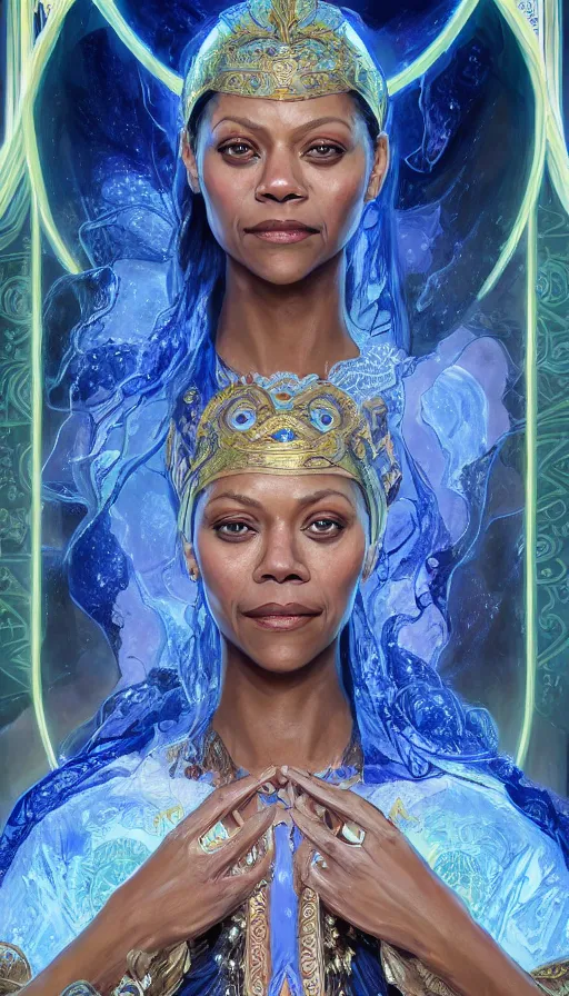 Prompt: zoe saldana as a goddess, passionate, sweaty, intricate dressed in ornate blue robes and garter, lovely, intricate, highly detailed, digital painting, artstation, symmetrical, concept art, smooth, sharp focus, illustration, unreal engine 5, 8 k, art by artgerm and greg rutkowski and alphonse mucha