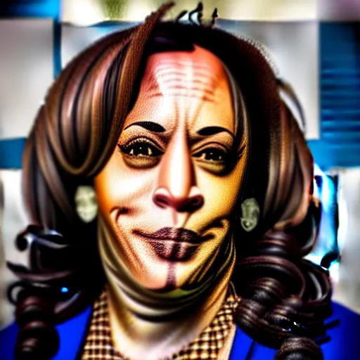 Image similar to kamala harris dressed up in hardcore gangbanger cosplay with face tattoos