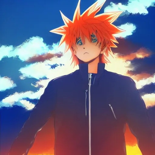 Image similar to orange - haired anime boy, 1 7 - year - old anime boy with wild spiky hair, wearing blue jacket, golden hour, partly cloudy sky, red clouds, orange sky, strong lighting, strong shadows, vivid hues, ultra - realistic, sharp details, subsurface scattering, intricate details, hd anime, 2 0 1 9 anime