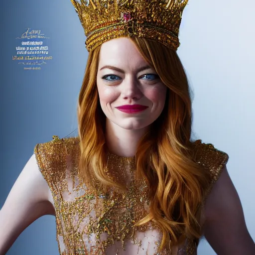 Image similar to A full body shot of Emma Stone wearing a golden Arabian crown , royality, high quality, fully detailed, 4k
