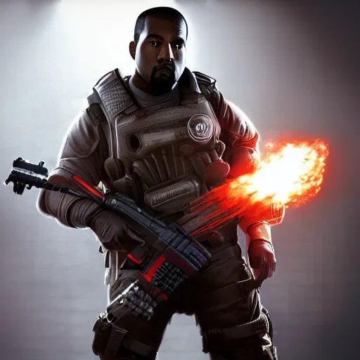 Image similar to kanye west as a ghostbuster!!! in ( gears of war battlefield 5 ), splash art, movie still, cinematic lighting, dramatic, octane render, long lens, shallow depth of field, bokeh, anamorphic lens flare, 8 k, hyper detailed, 3 5 mm film grain