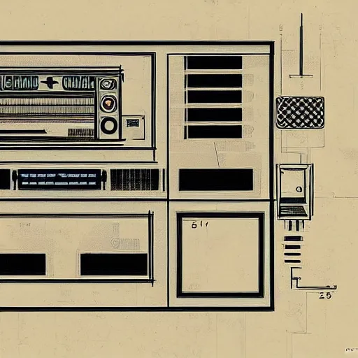 Image similar to old blueprint of gaming computer,high deatil,computer art,concept art