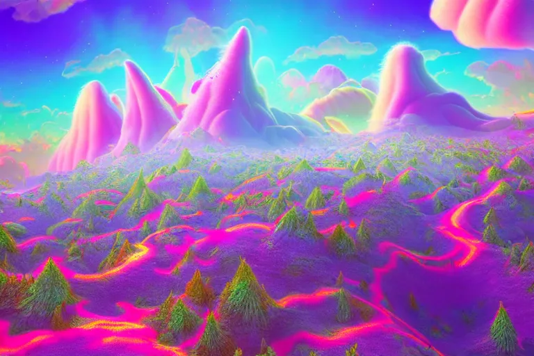 Prompt: a psychedelic realm with rolling plains made out of clouds, mountains made out of icebergs, and plant life made out of cotton candy, in the style of wlop and lisa frank, illustration, epic, fantasy, hyper detailed, smooth, unreal engine, sharp focus, ray tracing