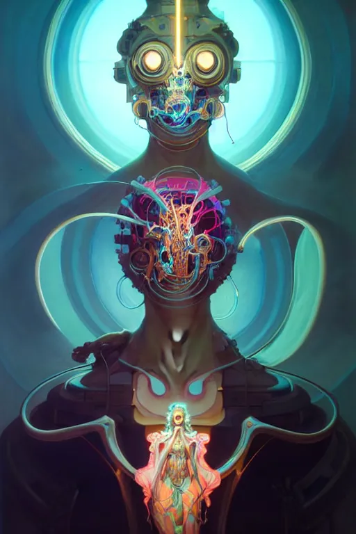 Image similar to portrait, biomechanical bioluminescent creature, cyberpunk, elegant baroque, asymmetrical art, hyperrealism, colorful, vivid, imposing, epic, digital painting, artstation, concept art, by peter mohrbacher and wlop and rhads and artgerm and magali villeneuve and alphonse mucha