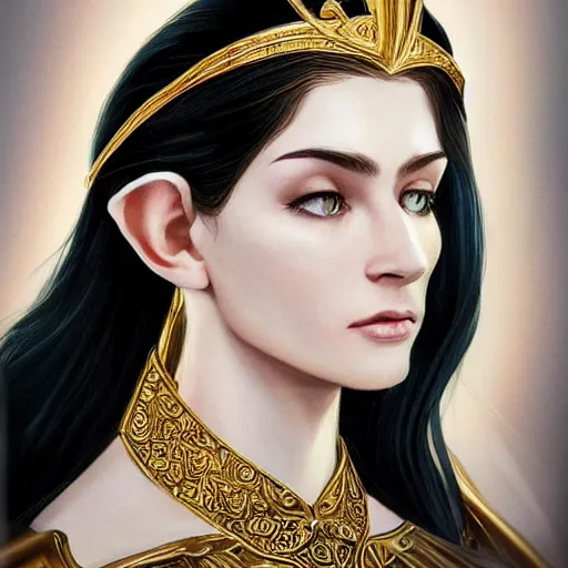 Image similar to side portrait of elven royalty, princess, queen, fantasy, head tilted down, black hair, gold armour, gold jewelry, white skin, detailed face, trending on artstation, gsociety, D&D, elegant, highly detailed, hyperrealistic, realistic eyes, detailed illustration, smooth, sharp focus, upper body, intricate, rule of thirds, holy glow, backlit, hd 4k by Greg Rutkowski, Alphonse Mucha, Ayami Kojima, Charlie Bowater, Kentaro Miura, Karol Bak