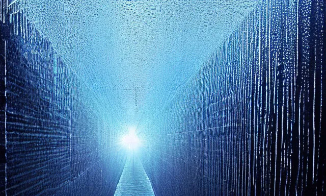 Prompt: beautiful photograph of a vertical tunnel made of raindrops in the blue sky, between a dried up river and the sun, highly-detailed, fantastic, dramatic lighting, artstation, 4k