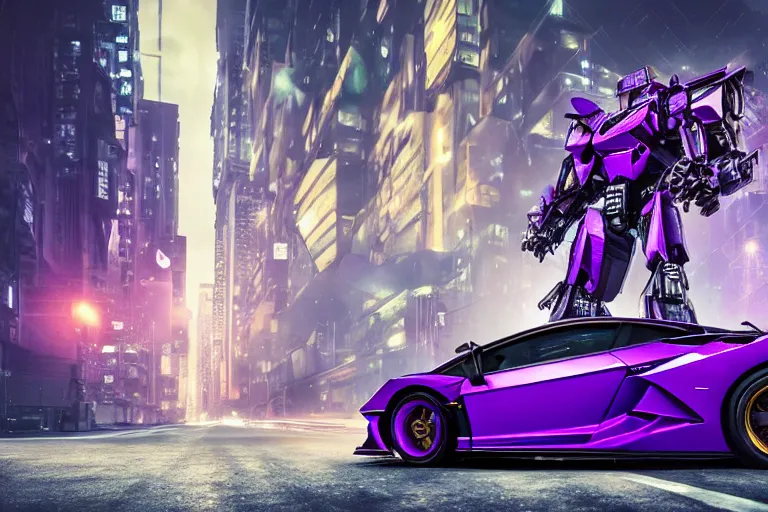 Prompt: hyper detailed purple lamborghini transformer, mecha cyberpunk city street background, 8 k photograph, dramatic lighting,