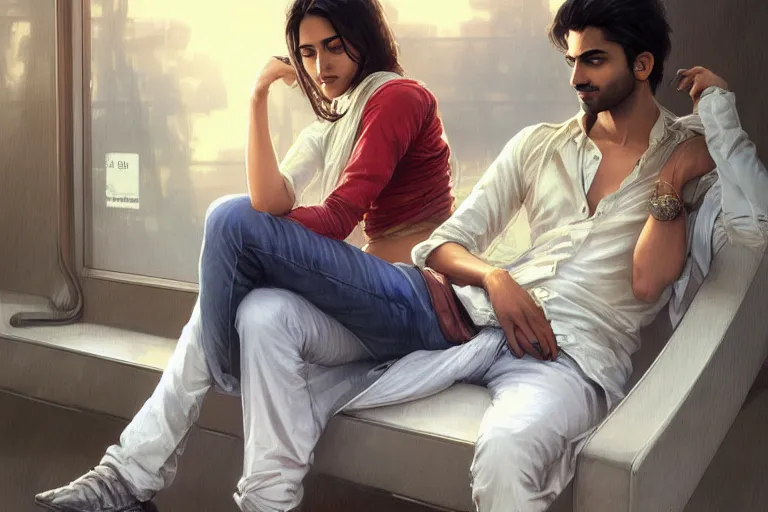 Image similar to Sensual good looking pale young Indian doctors wearing jeans in an airport, portrait, elegant, intricate, digital painting, artstation, concept art, smooth, sharp focus, illustration, art by artgerm and greg rutkowski and alphonse mucha