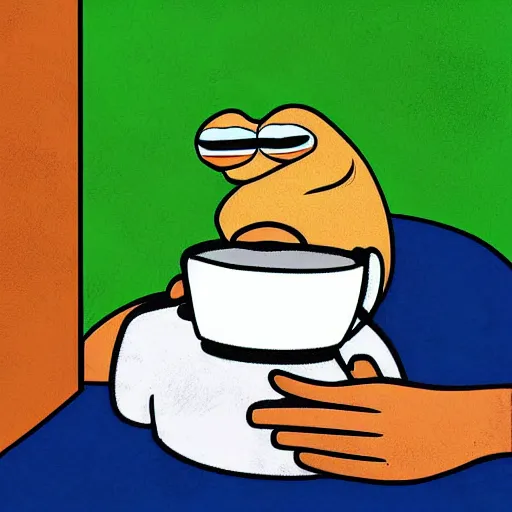Prompt: Pepe drinking a coffee and closing his eyes, digital art