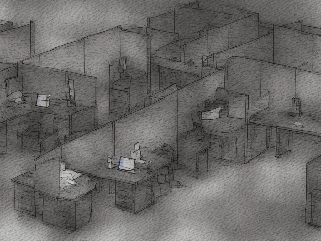 Image similar to madness in 90s cubicle office in the style of Silent Hill