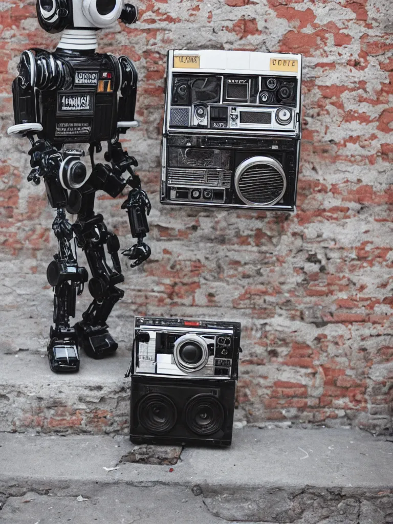 Prompt: A robot with a ghettoblaster boombox for a head, cool, retro, portrait, 1980s vibe, sitting on a stoop by a brick building