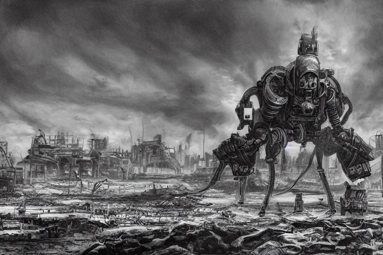 Image similar to dark black and white drawing of a wasteland scavenger