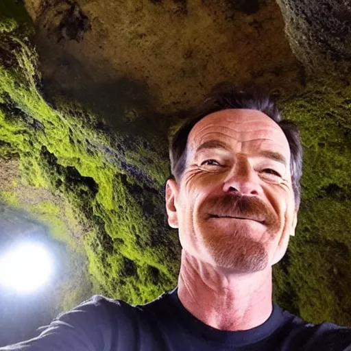 Image similar to bryan cranston excited, taking a selfie inside of an ancient cave covered in moss