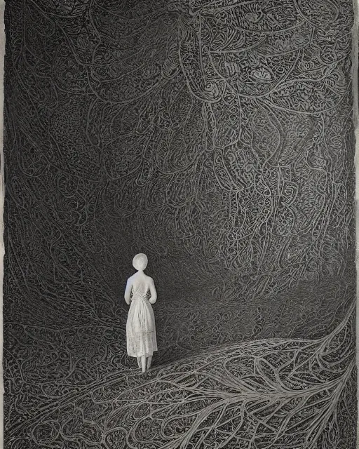 Image similar to a woman standing by the sea, made of intricate decorative lace leaf skeleton, in the style of the dutch masters and gregory crewdson, dark and moody