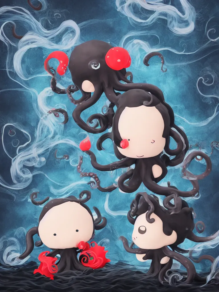 Image similar to cute fumo plush chibi gothic octopus prince boy washing his hair in the waves of the wavering dark galactic abyss, long black and red ruffled intricate uniform with ribbons, ocean wave thunderstorm and reflective splashing water, wisps of smoke and haze and volumetric fog, ocean simulation, vignette, vray