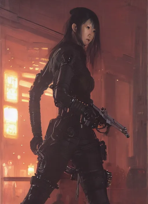 Image similar to Maria Tanaka. female Cyberpunk samurai wearing military vest walking through nightclub (blade runner 2049, cyberpunk 2077). Orientalist portrait by john william waterhouse and James Gurney and Theodore Ralli and Nasreddine Dinet, oil on canvas. Cinematic, hyper realism, realistic proportions, dramatic lighting, high detail 4k