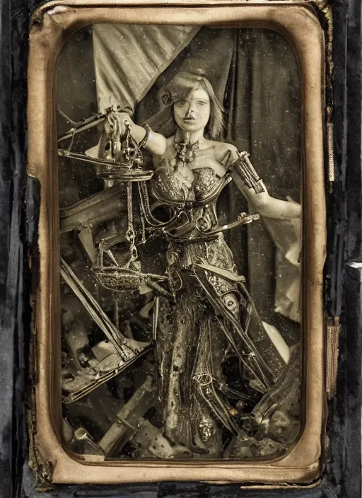 Image similar to old wetplate daguerreotype portrait of birth of lady justice cyborg, explosion of data fragments, fractal, intricate, elegant, highly detailed, parallax, leica, medium format, subsurface scattering, portrait, elegant, highly detailed, matte painting, by stanley spencer