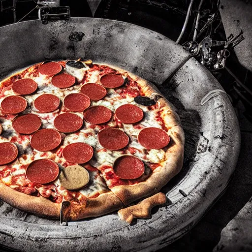 Image similar to close-up of a pizza robot, wasteland, highly-detailed, dramatic lighting, artstation, 4k, cinematic landscape, photograph by Keanu Reeves