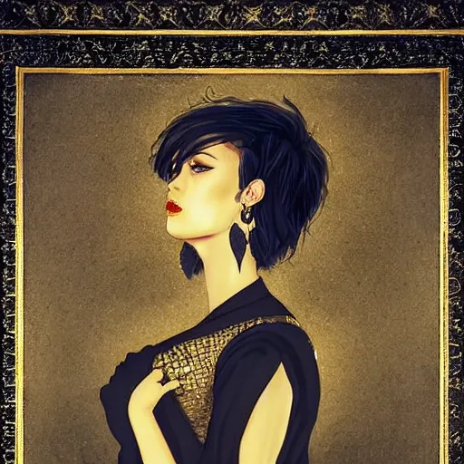 Prompt: a girl with short hair, dressed in a black gauze with golden scales on her clothes, a palace in the background, beautiful bust illustrations, top lighting, highly detailed, perfect shadows, soft paintings, the art of mel milton