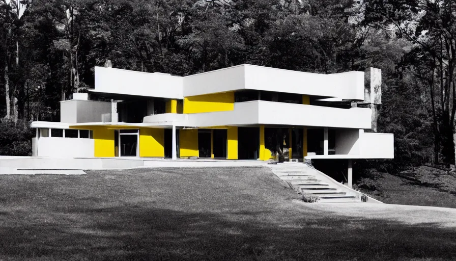 Prompt: architecture ad for a mid-century modern house designed by Moshe safdie. Film grain, cinematic, colorized, yellow hue.