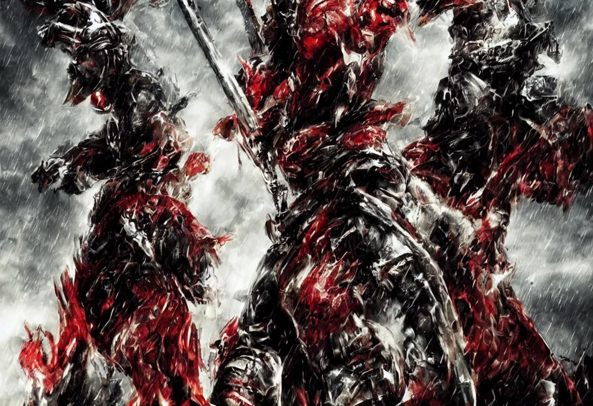 Prompt: leonidas king zack snyder artwork battle large scale wearing helmets raining fire swords and spears red capes battle scarred helmets