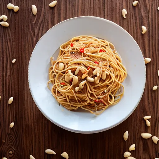 Prompt: spaghetti covered in peanuts