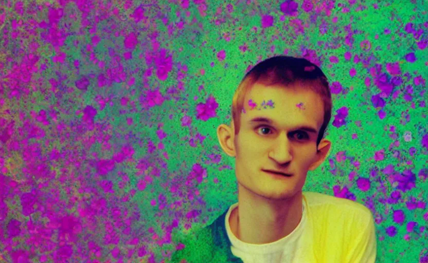 Image similar to a dreamy retro 8 0 s photo of vitalik buterin, bloomy, colorful, awesome, by dave mckean