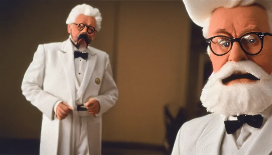 Image similar to hyper-realistic and detailed biopic movie still portrait of Colonel Sanders, by Paolo Sorrentino, cinestill 800t 35mm, clear color, high quality, high textured, dramatic light, cinematic