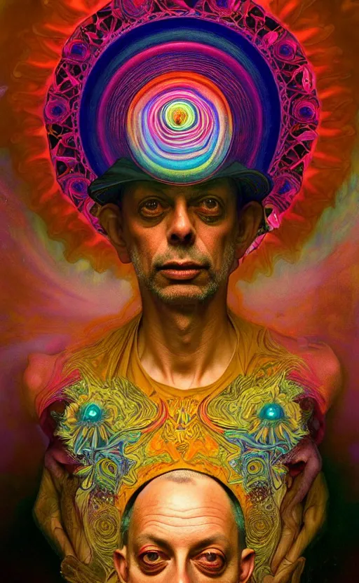 Prompt: An extremely psychedelic celestial larry harvey in his hat, colorful, surreal, dramatic lighting, magic mushrooms, psilocybin, LSD, face, detailed, intricate, elegant, highly detailed, digital painting, artstation, concept art, smooth, sharp focus, illustration, art by Krenz Cushart and Artem Demura and alphonse mucha