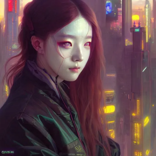 Image similar to painting of cyberpunk chuu loona kpop smiling cheerfully, ultra realistic, concept art, intricate details, eerie, highly detailed, photorealistic, octane render, 8 k, unreal engine. art by artgerm and greg rutkowski and magali villeneuve and alphonse mucha