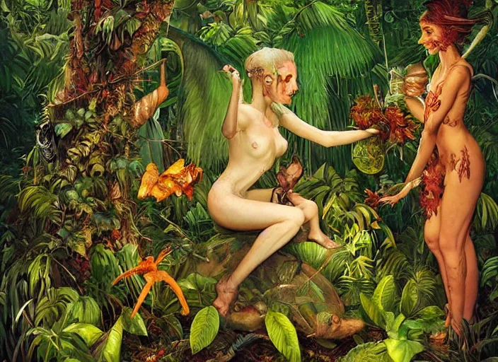 Image similar to lush nightlife in the jungle fairy foliage painting carved in amber by chiara bautista and norman rockwell and greg rutkowski weta studio