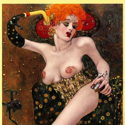 Image similar to succubus with horns smoking a cigar, klimt, royo, miro, frazetta, whealan,