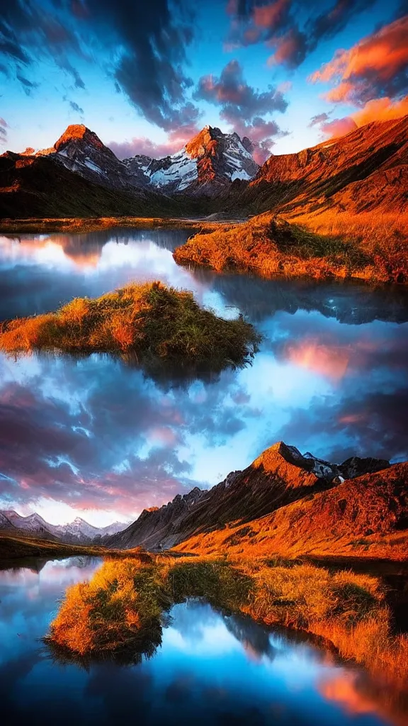 Image similar to amazing landscape photo of mountains with lake in sunset by marc adamus, beautiful dramatic lighting