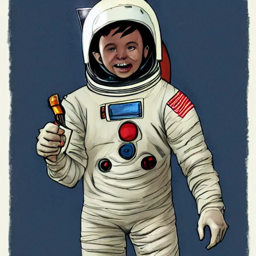 Image similar to Sergio Bleda and Jérémy Petiqueux and Alex Maleev color sketch of a boy super scientist in a retro home made astronaut suit