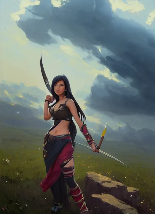 Image similar to portrait of Akali from League of Legends after work, countryside, calm, fantasy character portrait, dynamic pose, above view, view from above, sunny day, thunder clouds in the sky, artwork by Jeremy Lipkin and Giuseppe Dangelico Pino and Michael Garmash and Rob Rey, very coherent symmetrical artwork, sharp edges, perfect face, simple form, 100mm