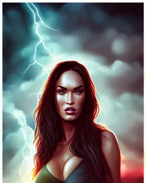 Image similar to megan fox cinematic portrait, volumetric lighting, stormy night, contrast, rain, jesper ejsing, artgerm, petros afshar, tom whalen