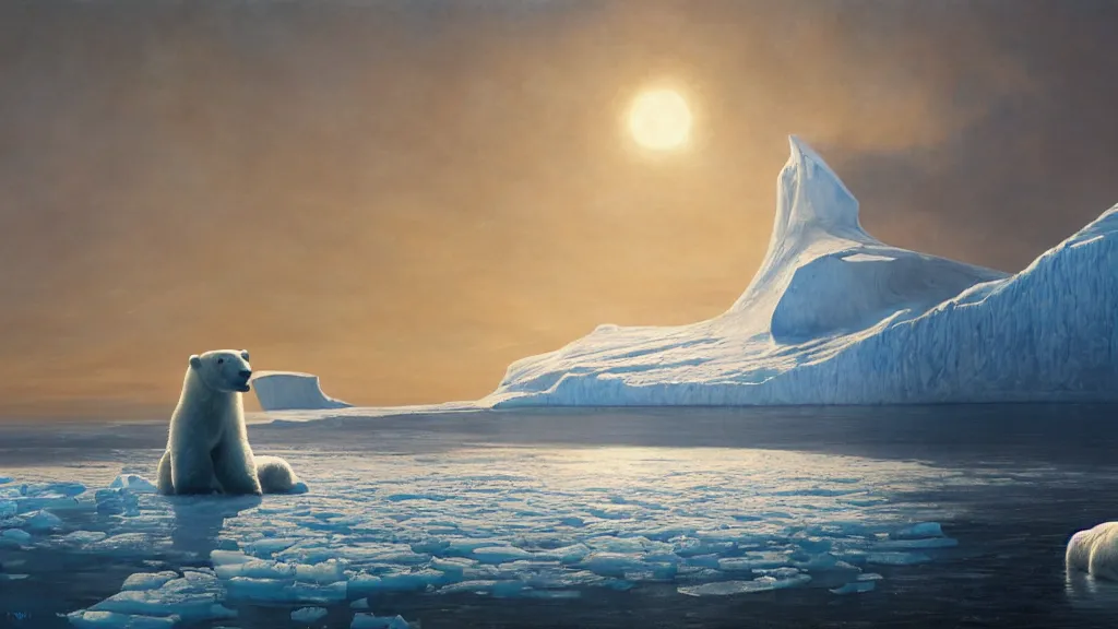 Image similar to the most beautiful panoramic landscape, oil painting, where a giant iceberg is lost in the frozen artic ocean, a giant polar bear is exhaling steam while walking over the iceberg, the frozen artic ocean is reflecting the giant polar bear and the ray lights of the sunrise are brightening him, by greg rutkowski