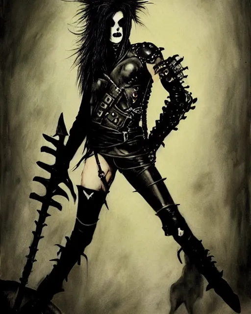 Image similar to portrait of a skinny punk goth thief wearing armor by simon bisley, john blance, frank frazetta, fantasy, barbarian, hardcore