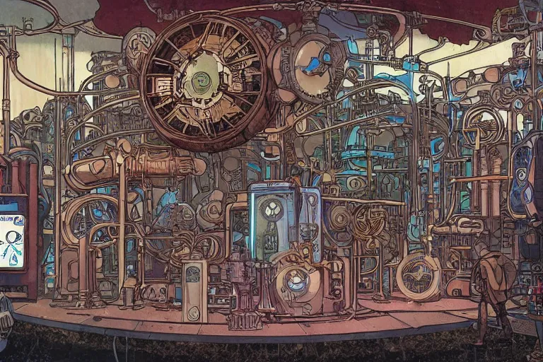 Prompt: front view on steampunk lab with big vapor tubes and alchemy equipment, mad scientist working, giant video screens, sci - fi vending machine, big plants, clock, retrofuturism, concept art by mucha and moebius and victo ngai, clean line, diesel punk