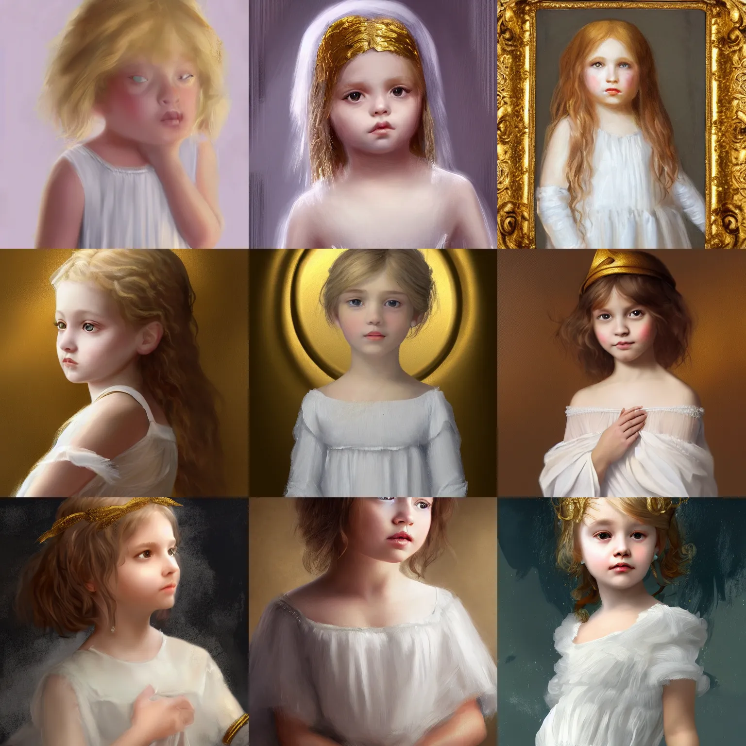 Prompt: a little girl with hair made of gold in a sheer white dress, classical painting, 4k, artstation, detailed