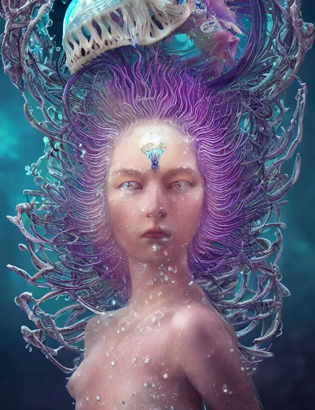 Image similar to goddess macro close - up portrait in crown made of ram skull. betta fish, jellyfish phoenix, bioluminiscent, plasma, ice, water, wind, creature, super intricate ornaments artwork by tooth wu and wlop and beeple and greg rutkowski