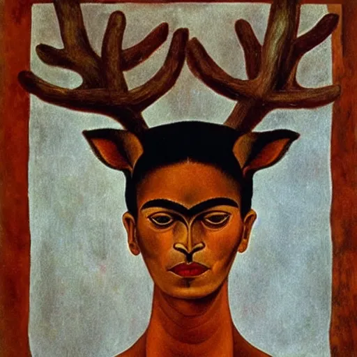 Prompt: a deer with the face of a woman, by frida kahlo