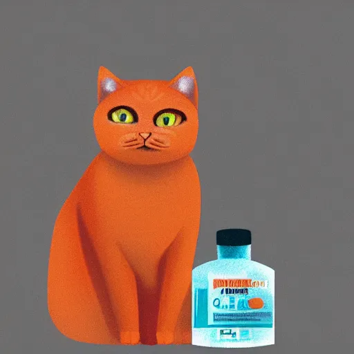 Prompt: a fluffy orange cat standing next to a bottle of medicine. animal. digital art. artstation. illustration.