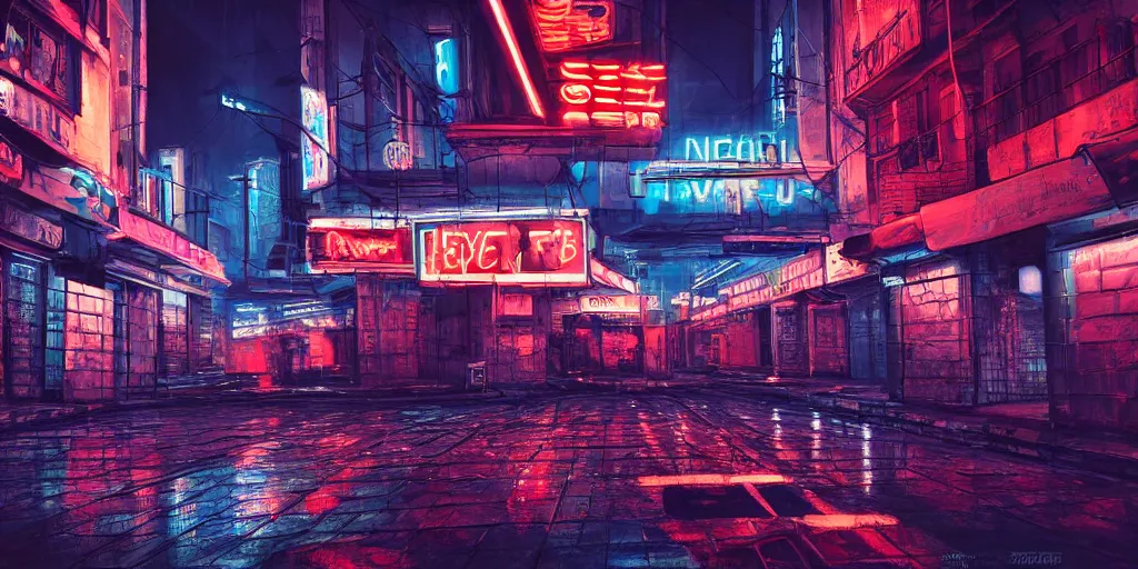 Image similar to Belgrade at night in cyberpunk style, neon lights, ultra realistic, highly detailed, HD, sharp focus, cinematic lighting, realistic, vivid colors, oil painting, non blurry, sharp