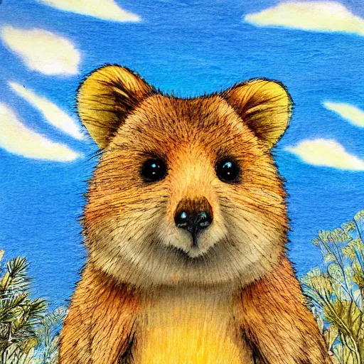 Image similar to detailed illustration, a happy quokka on rotttnest island in the style of may gibbs, layered composition, layers, texture, textured, layered, sculpted, dynamic, 🦋,
