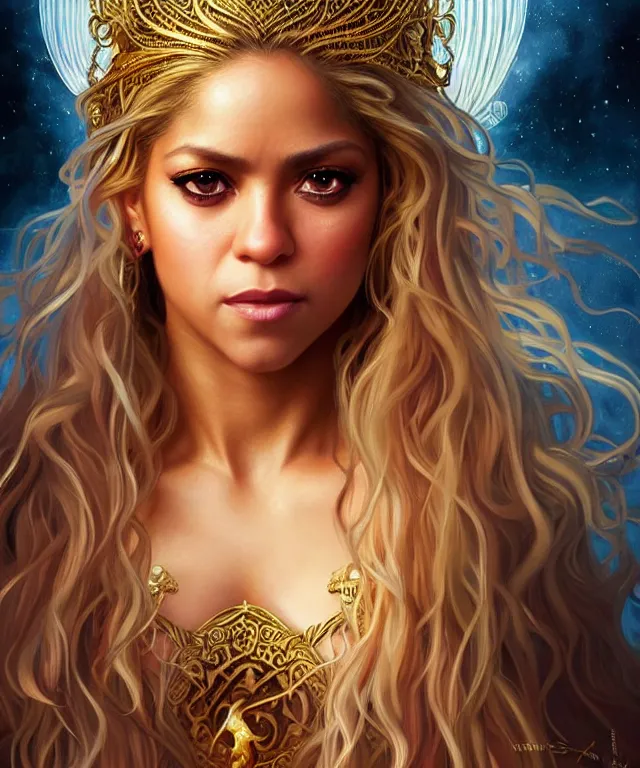 Image similar to Shakira as a fantasy magic woman portrait, sci-fi, amber eyes, face, long hair, fantasy, intricate, elegant, highly detailed, digital painting, artstation, concept art, smooth, sharp focus, illustration, art by artgerm and greg rutkowski and alphonse mucha