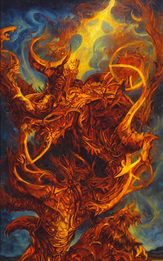 Prompt: moloch of the amber mythos fallen celestial spirit, award winning oil painting, sharp color palette