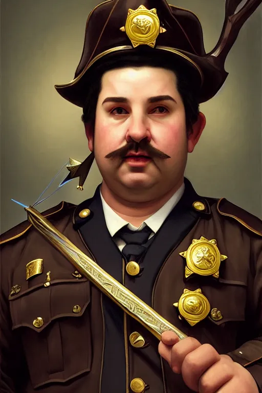 Image similar to a shifty fat high elf mall cop with a sheriff's badge holding a bow and arrow, Oil Painting, hyperrealistic, Detailed Digital Art, RPG portrait, 3/4 bust, William-Adolphe Bouguereau, Michael Cheval, dynamic lighting, Highly Detailed, Cinematic Lighting, 8k, HD