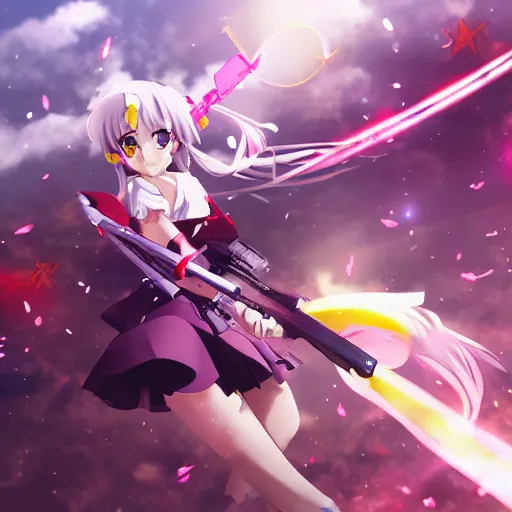 Image similar to an anime mahou shoujo with a huge gun, explosions in the background, anime action film, exquisite line art, Depth of field, high fidelity, smooth rendering, 4k, hd, Professional anime artist